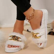 Women's Metallic Chain Sandals - Fluffy & Open Toe For Winter Wear - trắng - Xem 10