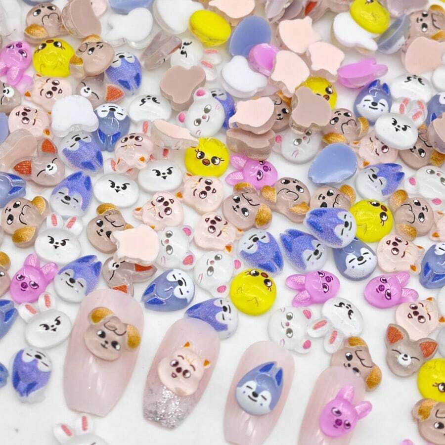 100/200pcs Mini Cute Cartoon Animal Nail Art Studs, Flat Back Rabbit Bear Dog Chicken Charms, Unscented Nail Decoration Accessories For Women Girls - 100PCS - 查看 1