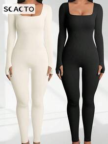 Scacto 2pcs Women Skinny JumpsuitSolid Color Ribbed Knit Long SleeveSquare Neck Bodycon JumpsuitRomper Work Out Sport Yoga Playsuits - 黑白 - 查看 1