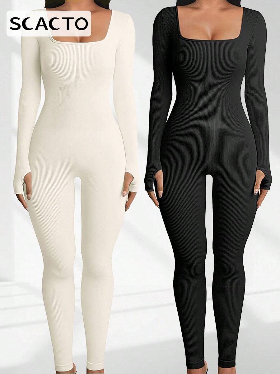 Scacto 2pcs Women Skinny JumpsuitSolid Color Ribbed Knit Long SleeveSquare Neck Bodycon JumpsuitRomper Work Out Sport Yoga Playsuits - đen và trắng - Xem 1