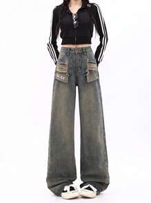 Jupkem Retro Hot Girl Ripped Jeans Women's Niche Straight Tube Versatile Ripped Pocket Irregular Design Sense Mid Waist Hot Girl Slim Fit Wide Leg Mopping Straight Tube Cute Versatile Fashion Street Pants Blue