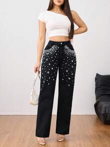 Jeans de pierna recta con decoración de perlas elegante - Jeans de lujo para mujer - Negro - Ver 3