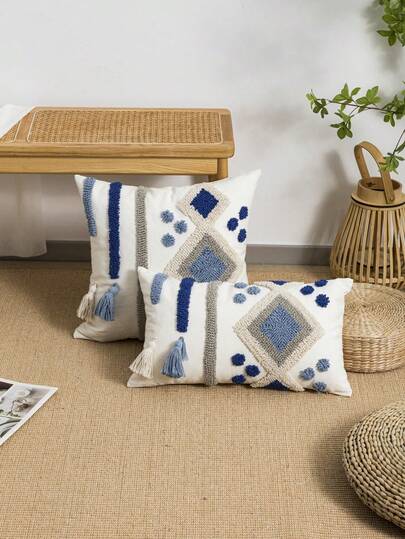 1 adet/2 adet Renkli Geometrik Desenli Yastık Kılıfı, Püsküllü Kanvas Kumaş, Bohem Tarzı Oturma Odası Kanepe Yatak Odası İçin, 30*50 cm/45*45 cm, Her Mevsim İçin Uygun