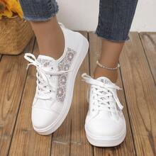 女士时尚休闲鞋,镂空透气轻便系带舒适运动鞋,MD防滑软底轻便运动跑步鞋,时尚优雅蕾丝拼接白色鞋,平底日常休闲步行鞋,健身训练鞋 - 白色 - 查看 6