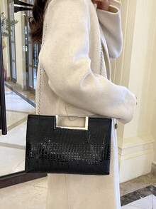 Fashionable Solid Color PU Flap Envelope Clutch Bag, High-Quality Crocodile Texture Pattern, Elegant Niche Design, Casual Minimalist, Multi-Functional - Black - View 6