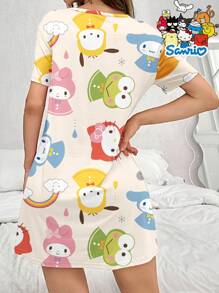 Sanrio Vestido de dormir informal con estampado de la familia Sanrio, cuello redondo, manga corta para mujer en verano