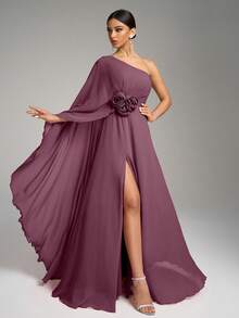 SUPGIR 不对称领口亮片袖腰部花卉装饰开衩下摆长款雪纺连衣裙，伴娘服 - 中紫紅色 - 查看 7