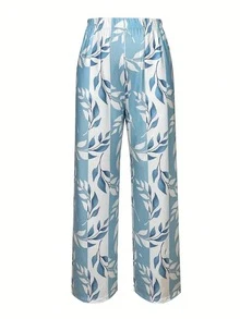 Plus Fall Clothes Three Pieces Color Blocked Printed Set Long Sleeve Cardigan & Tank Top & Long Pants Women Outfit Sets - Baby Blue - View 3