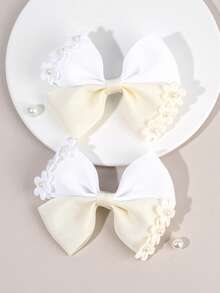 2pcs Flower Hair Bow Clips For Girls, Beige Bow Alligator Clips With Pearls, Elegant Hair Grosgrain Ribbon Barrettes, Toddler Girl Pigtail Hair Clips, Spring Birthday Wedding Gift, Kids Floral Hair Accessories. - Beige - View 3