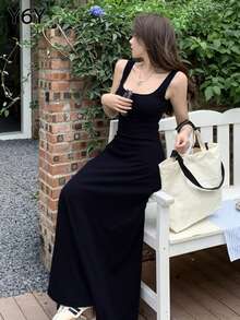 [Y6Y] 女士无袖方领A字连衣裙，春夏法式休闲优雅收腰连衣裙 - 黑色 - 查看 3