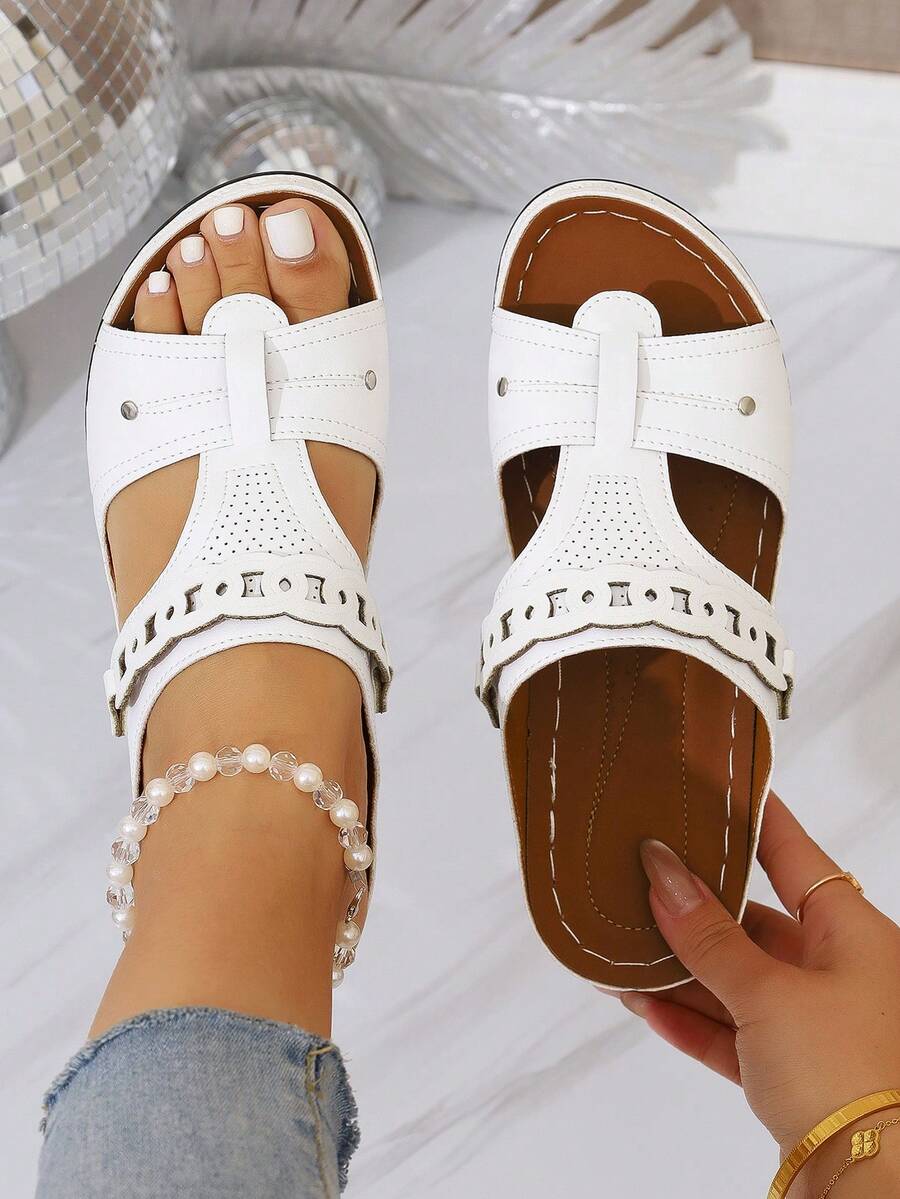 Women Comfort Thick Sole Wedge Slide Sandal, Buckle Strap Minimalist Solid Color Roman Style Open Toe - White - View 1