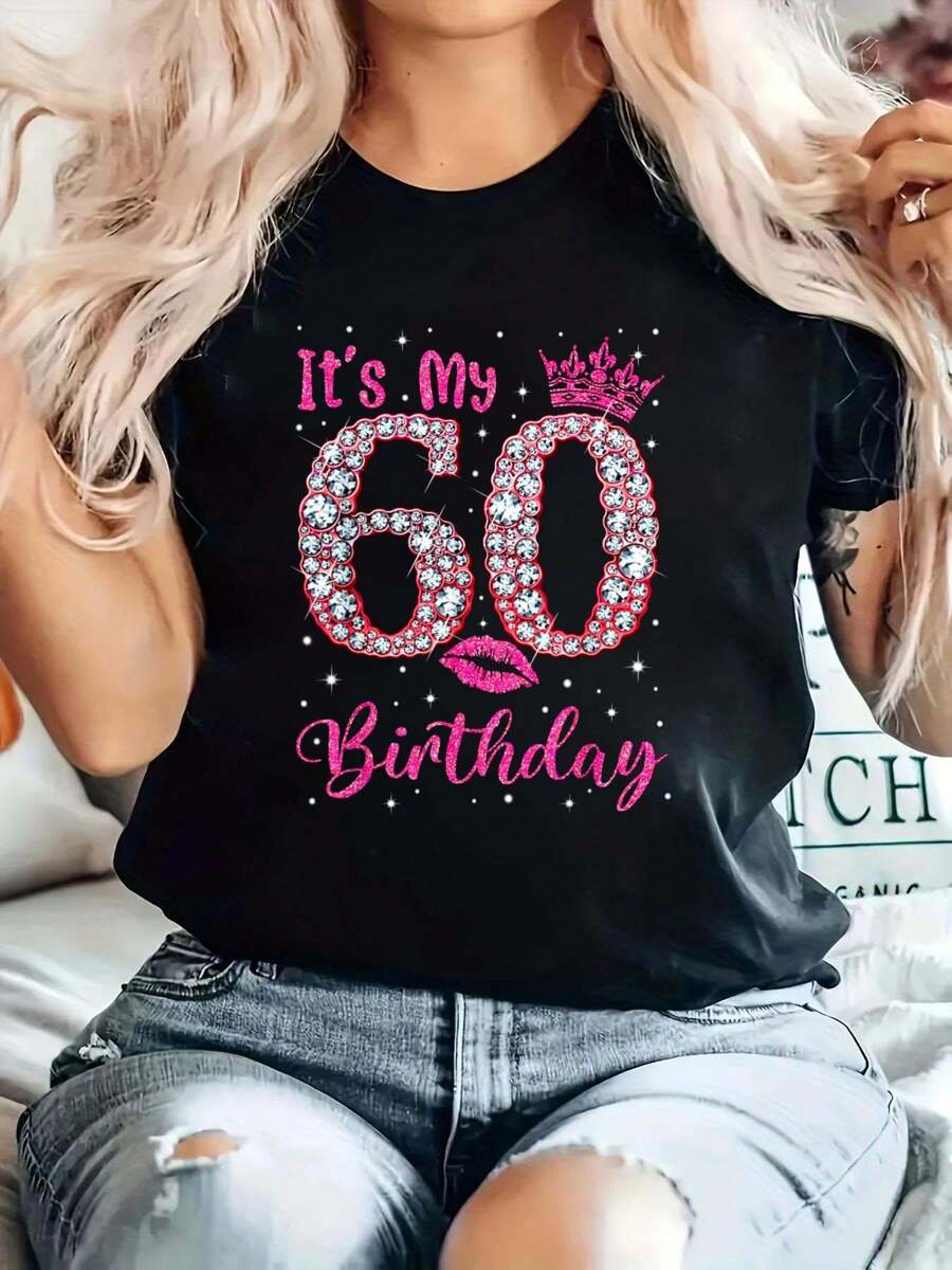 60 It's My Birthday 1962 60Th Birthday Gift Tee For Womens T-Shirt Print T-Shirt, Casual Crew Neck Short Sleeve Comfort Tee Top For Spring & Summer, Women's Clothing