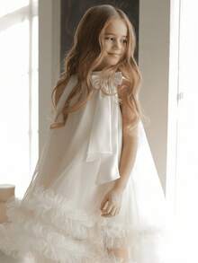 白色蝴蝶结毕业礼服，优雅公主薄纱尾礼服，适合年轻女孩生日派对、婚礼、庆典活动、圣餐礼服