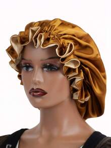 1 件装双层撞色缎面睡帽，大号褶边发套，美容护发头带帽