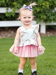 Toddler Baby Girl Summer Outfit Flower Pattern Ruffled Crew Neck Sleeveless Tops And Bow Mesh Skirt 2 Pcs Set - White - View 5