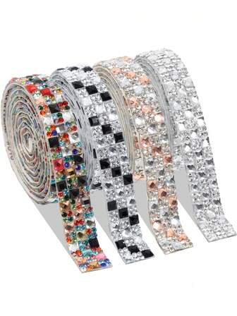 4/1 pieza Juego de cintas autoadhesivas con diamantes brillantes, en total 4/2 yardas - Adornos de cristal para manualidades DIY, ropa, teléfonos y accesorios para fiestas