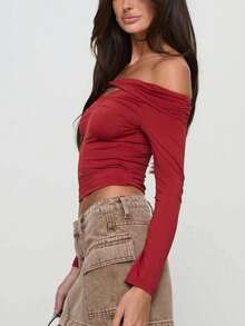 Top Rojo de Manga Larga Off-Shoulder | Diseño Elegante y Ajustado | Look Casual y Sexy para Mujeres Mexicanas - Rojo - Ver 4