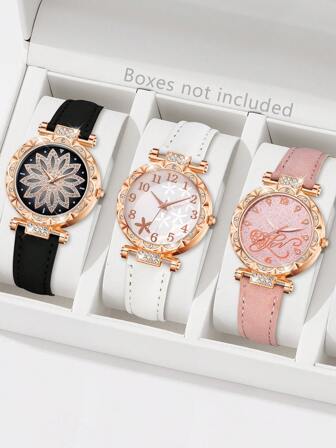 Set di 3 orologi da donna in pelle PU multicolore, semplice e alla moda, con quadrante rotondo e movimento al quarzo, adatto come regalo per le vacanze e per l'abbinamento ai vestiti quotidiani