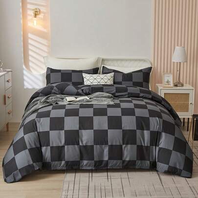 3pcs Black, White & Gray Plaid Duvet Cover Set, Without Filler