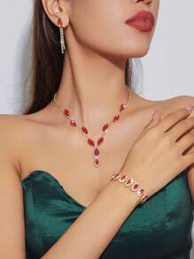 Conjunto de Joias com 3 Peças de Cristais, Conjunto de Colar Dourado, Brincos e Pulseira da Moda, Adequado para Uso Diário de Mulheres, Casamentos, Festas, Etc.