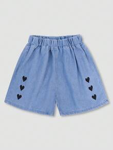 少女牛仔风格心形刺绣短裤 - 彩色 - 查看 1