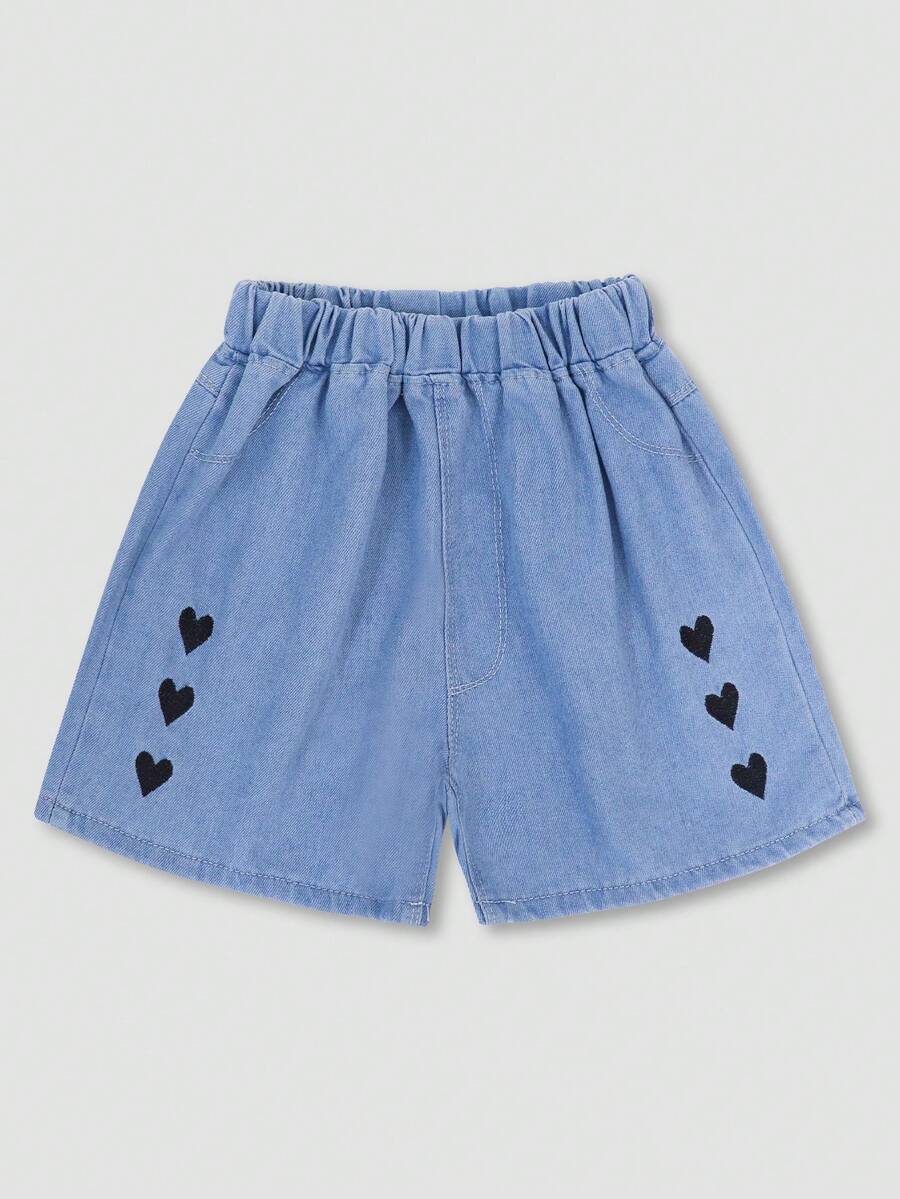 少女牛仔风格心形刺绣短裤 - 彩色 - 查看 1