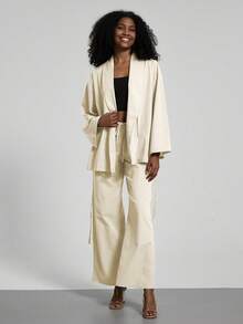 Women's Solid Color Casual Kimono Style Belted Cardigan And Pants Two Pieces Set - Beige - View 6