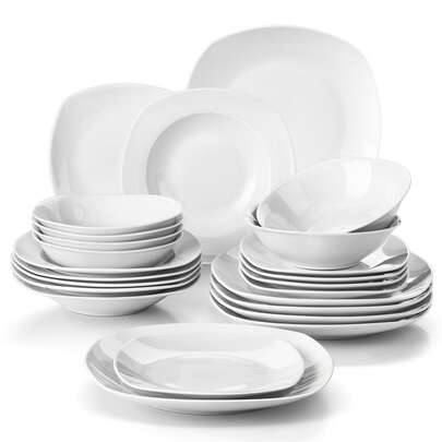 MALACASA 24 Pcs Porcelain Dinnerware Set, White Set, Service For 6 Person, Dinner Plate, Dessert Plate, Soup Plate And Bowl Set