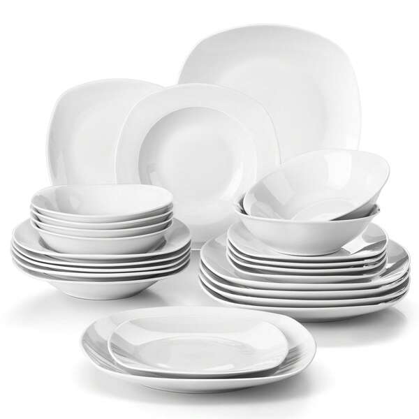 MALACASA 24 Pcs Porcelain Dinnerware Set, White Set, Service For 6 Person, Dinner Plate, Dessert Plate, Soup Plate And Bowl Set