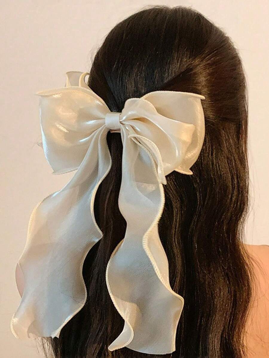 1 件女士甜美米色蝴蝶结飘带网状丝带后头弹簧夹 - 米色 - 查看 1