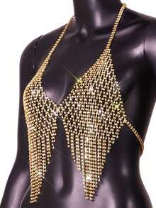 1pc Sparkling Full Crystal Rhinestone Silver-Plated Tassel Sexy Women Body Chain Bra, Mesh Tassel Chest Chain Jewelry Necklace Lingerie, Luxury Crystal Body Jewelry Bikini Bra, 1pc Nightclub Shiny Mesh Tassel Faux Crystal Bra Chain Pendant Elegant Fashion Sexy Rhinestone Chest Chain Accessory - Gold - View 4