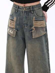 Jupkem Retro Hot Girl Ripped Jeans Women's Niche Straight Tube Versatile Ripped Pocket Irregular Design Sense Mid Waist Hot Girl Slim Fit Wide Leg Mopping Straight Tube Cute Versatile Fashion Street Pants Blue