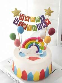 1/8 件生日快乐蛋糕装饰，纸质生日快乐字彩虹旗蛋糕装饰，软陶瓷彩虹云和星星图案蛋糕插件，非常适合生日派对庆祝蛋糕装饰饰品，节日派对用品