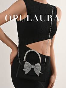 Túi cầm tay dự tiệc thời trang Âu Mỹ OpulAura bằng vải satin đen cho nữ, Túi xách dự tiệc đính nơ lấp lánh thanh lịch bằng đá pha lê, Túi đựng váy trang trọng bằng vải satin sang trọng, Túi đeo vai xích phù hợp cho tiệc, tiệc tùng, sinh nhật, đám cưới - màu đen - Xem 8