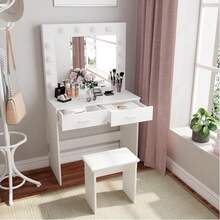 Dressing Table Set With LED Lights Mirror, Vanity Makeup Table 2 Large Drawers And Stool (Black) - White - View 7