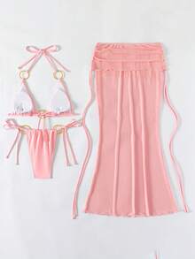 3pcs Pink Sexy Bikini Set With Mesh Maxi Dress, Women's Halter Cutout Swimwear With Metal Circle Ring, Padded Tummy Control Swimwear For Beach, Pool, Holiday