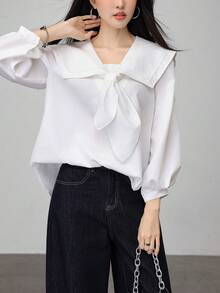 清新蝴蝶结海军蓝翻领衬衫 - 白色 - 查看 2
