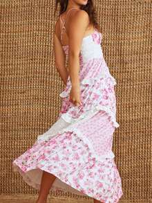 Women Spaghetti Strap Deep V Neck Boho Floral Maxi Dress Backless Smocked Ruffle Long Party Dresses - 粉色 - 查看 3