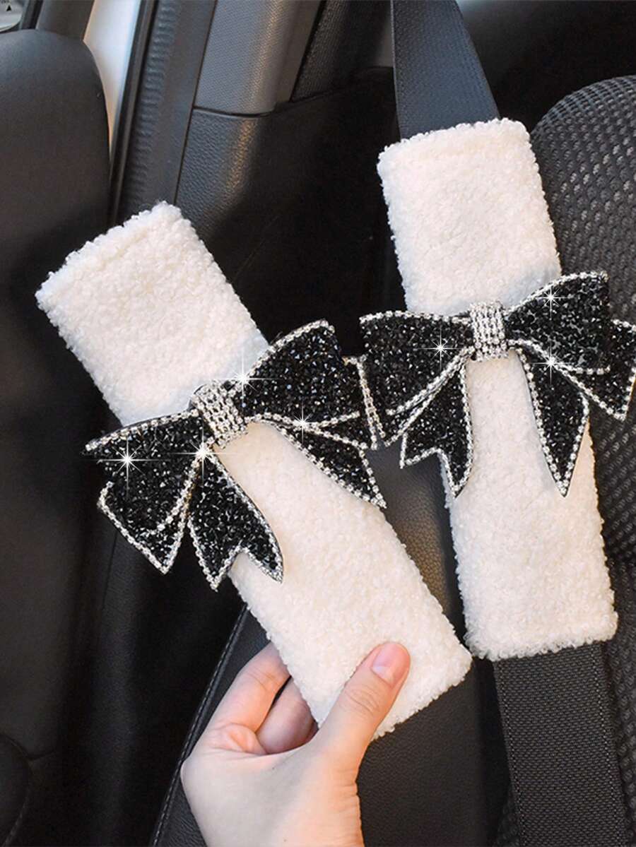 1pc/2pcs Car Seat Belt Shoulder Protector With Diamond Large Bow Shoulder Protector Car Anti Lock Safety Belt Protector All Season Universal - one-size - View 1