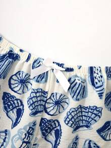 2pcs/Set Women's Blue Shell Print Summer Pajamas, Short Sleeve Button-Up Collared Shirt And Bowknot Shorts, Casual Loungewear For Spring & Summer - Blue - View 9