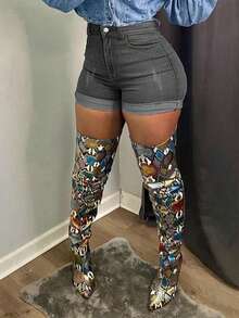Summer All-Match Versatile Solid Color Cuffed Skinny Mini Denim Shorts - Dark Grey - View 5
