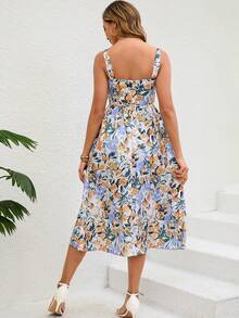 女士优雅日常度假柠檬印花褶饰胸围吊带中长连衣裙，独立日、派对、茶会休闲夏季服装 - 彩色 - 查看 6