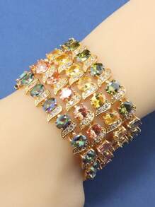 Elegantes Luxus 18K Goldplattiertes Armband mit mehrfarbigen synthetischen kubischen Zirkonia-Steinen, Kupfer-Gliederkette, Hochzeit & Bankett Mode Schmuck für Frauen