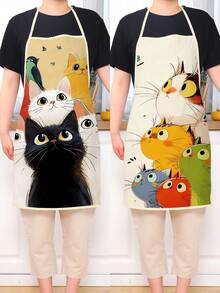 1 pieza Delantal con estampado de gato de dibujos animados, apto para restaurante, cocina, fiesta, boda, hecho de tela de durazno, para cocina, baño, hogar, artículos del hogar