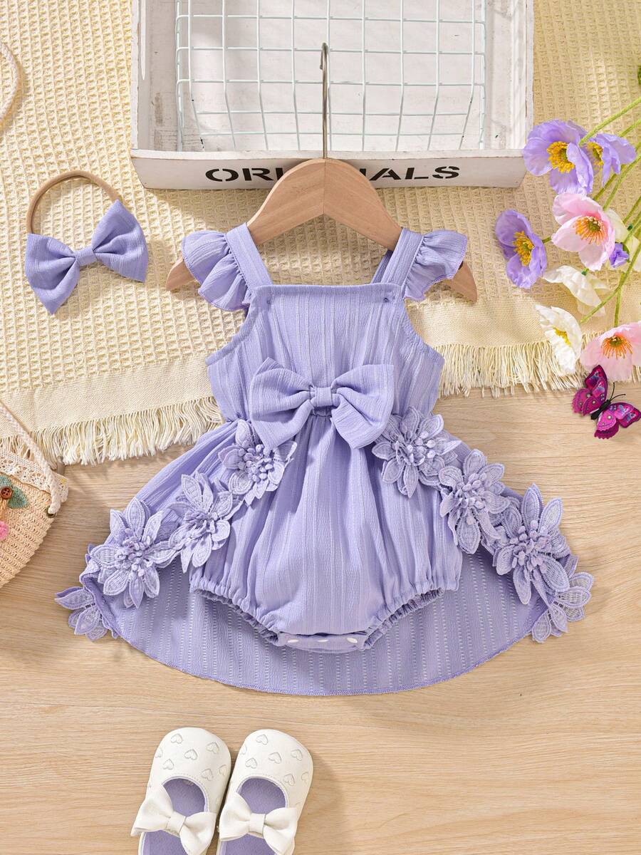 Newborn Baby Girl's Summer Romper Set  Ruffle Sleeveless Dress + Matching Headband  Breathable Cotton Outfit - Purple - View 1