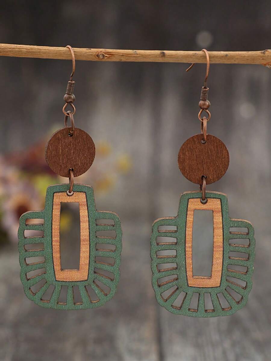 Boho-Chic Wooden Geometric Hollow Dangle Earrings - Vintage , Mixed Colors