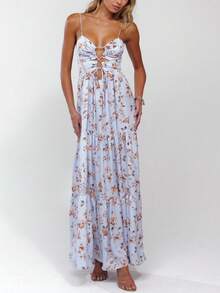 Women Summer Casual Long Dress Y2k Spaghetti Strap Bodycon Low Cut Dress V-Neck Sleeveless Solid Color Tie-Up High Backless Sexy Fashion Party Sling Maxi Dress - hoa màu xanh - Xem 7