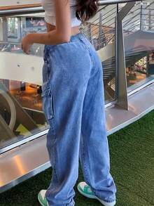 Ladies' Workwear Jeans, Drawstring Waist, Practical Multi Pocket DesignVersatile In All Seasons Christmas Outfit Women,Winter Clothes For Women New Years Outfit Women Vacation Outfits Women Birthday Dresses For Women Y2k Pants Baggy Jeans Women - Màu xanh lam - Xem 3