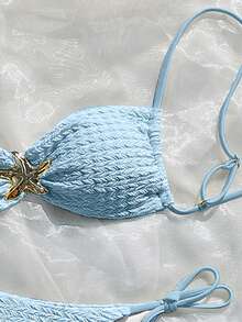 Bộ bikini thời trang, gợi cảm với họa tiết sao biển, chất liệu vải màu vàng trơn có họa tiết, đồ bơi mùa hè cho nữ đi biển. - Màu xanh lam - Xem 4