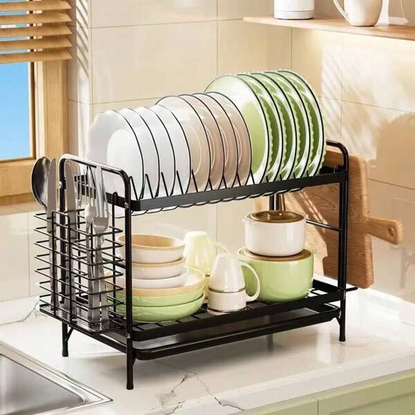 1 Stück multifunktionaler Doppel-Küchenabflussständer, Arbeitsplatten-Besteckaufbewahrungsregal, Eisenregal mit großer Kapazität mit Halterung für Essstäbchen, Schneidebrett-Halter, Abtropfbrett, Küchenorganizer, platzsparendes Zubehör